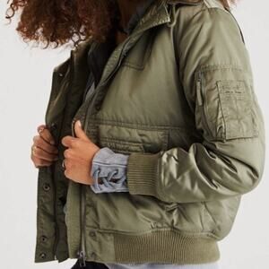 American Eagle Satin Sherpa Fur Lined Hooded Puffer Bomber Jacket Coat Green XS